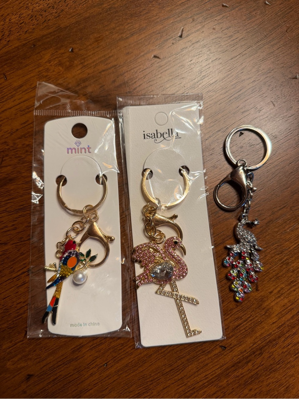 Mint Birds Charms Pink Crystal Flamingo Peacock Macaw Keytags Bundle- 3 pieces